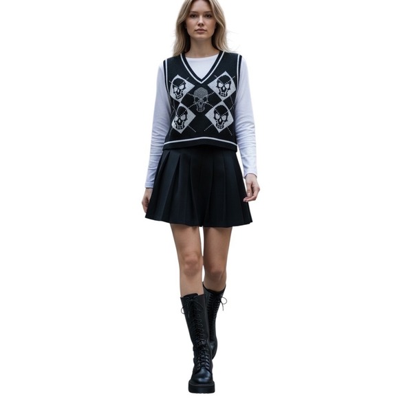 Rock n Doll Tops - Rock n Doll Skull Argyle Cropped Sweater Vest Small Black Gothic Y2K Knit Top